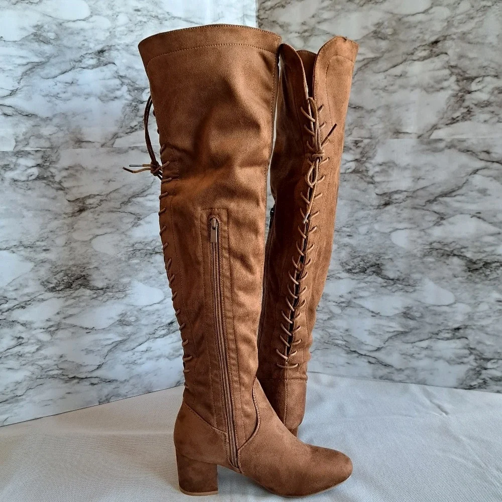 Faux Suede Over The Knee Block Heeled Stretch Boots Camel Full Lace-Up Back‎ 8